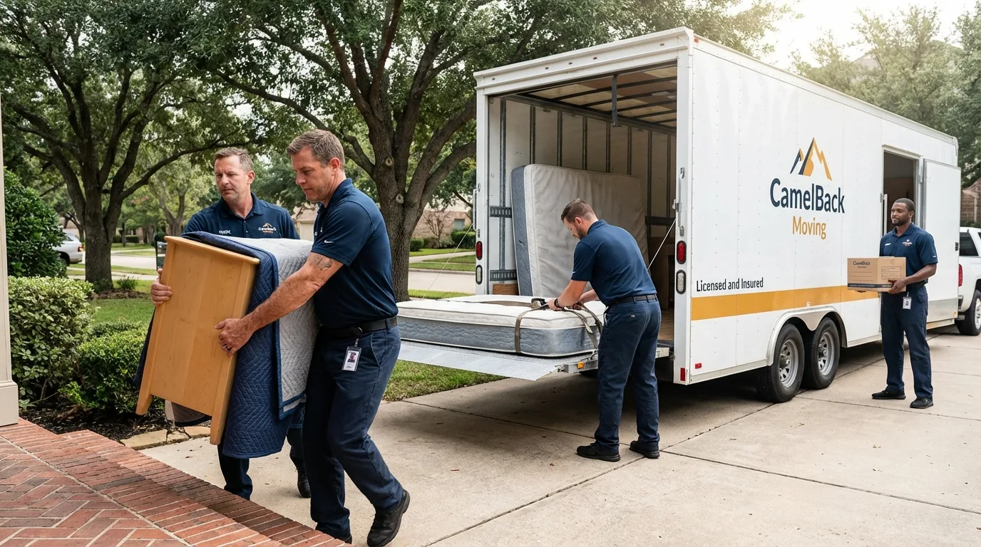 Crew loading residential truck for cross-state move from New London, MO