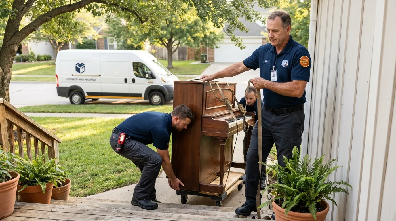 Licensed piano movers securing grand piano in New London, MO