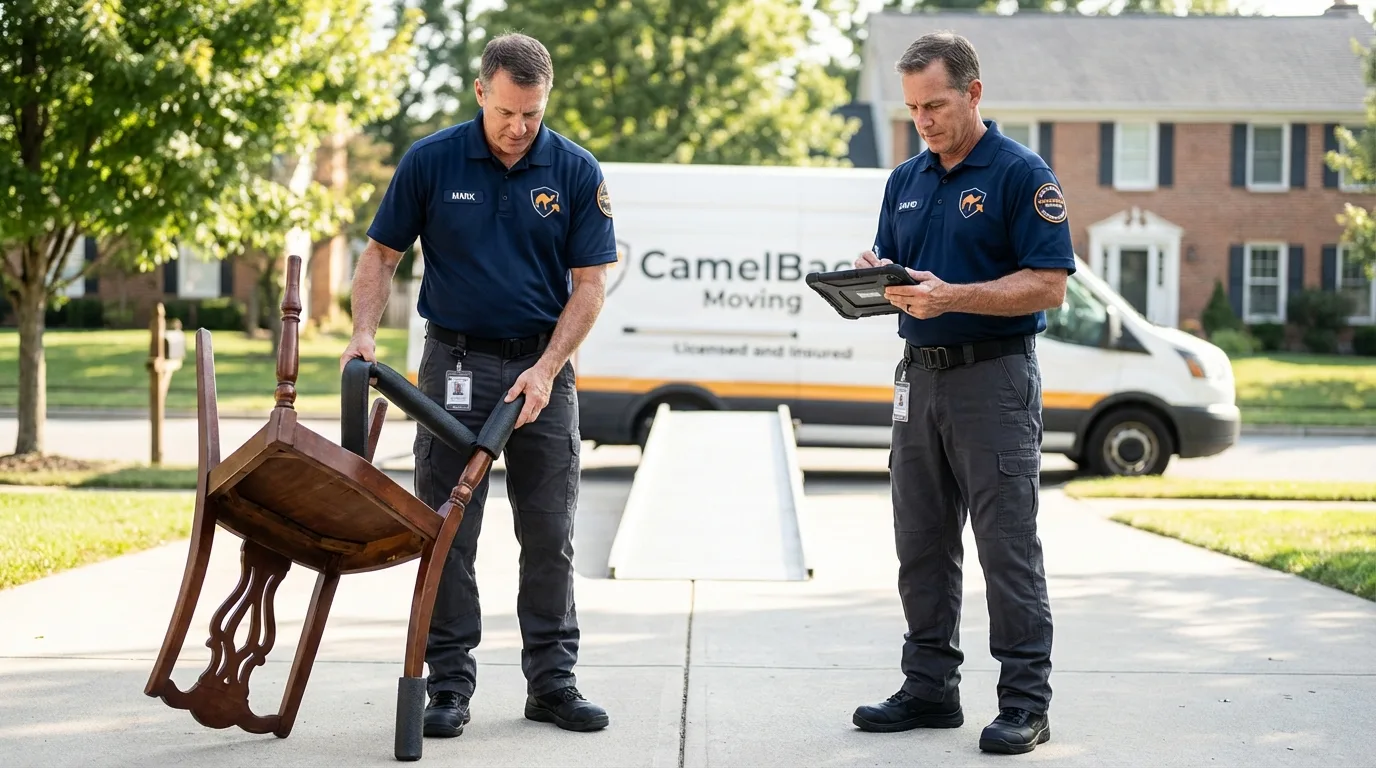 Movers inspecting furniture for damage prevention before loading in New London, MO