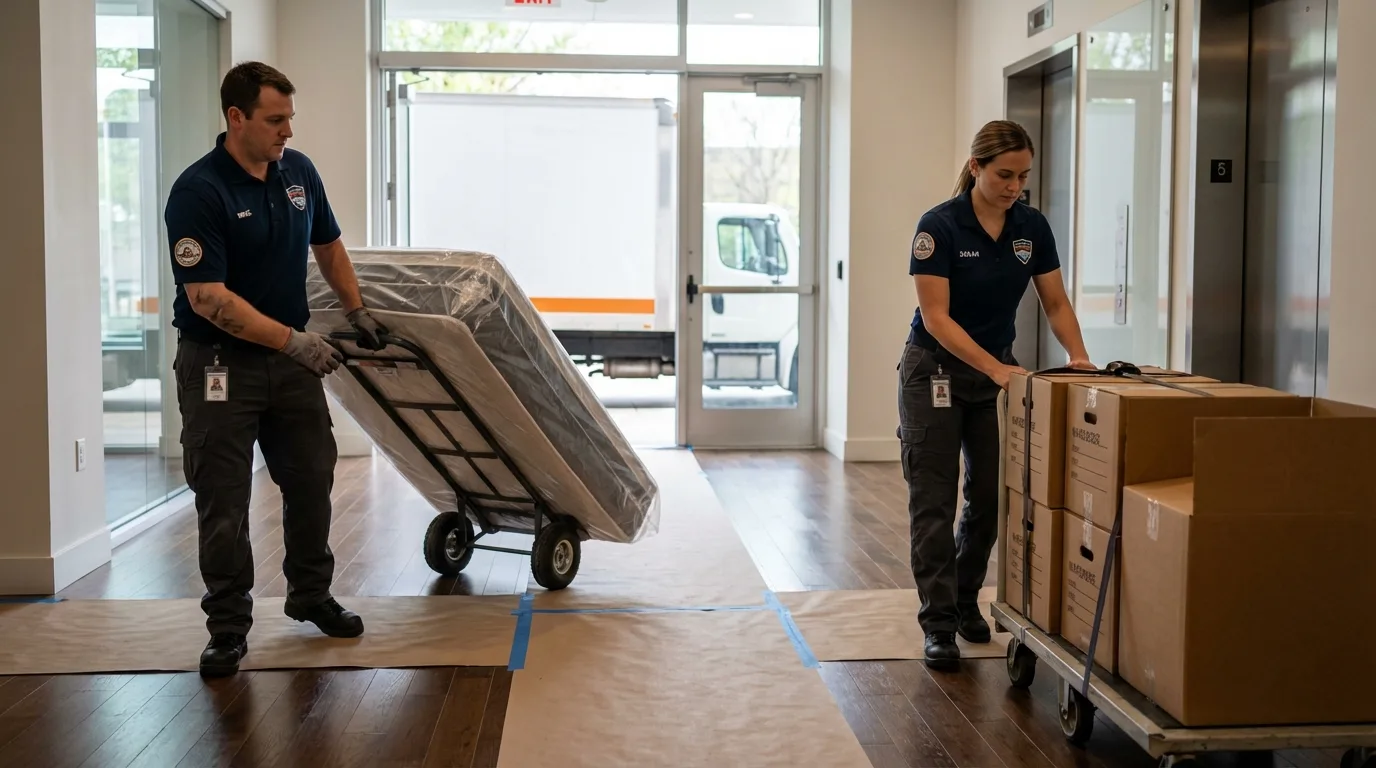 Professional apartment movers loading elevator in New London, MO