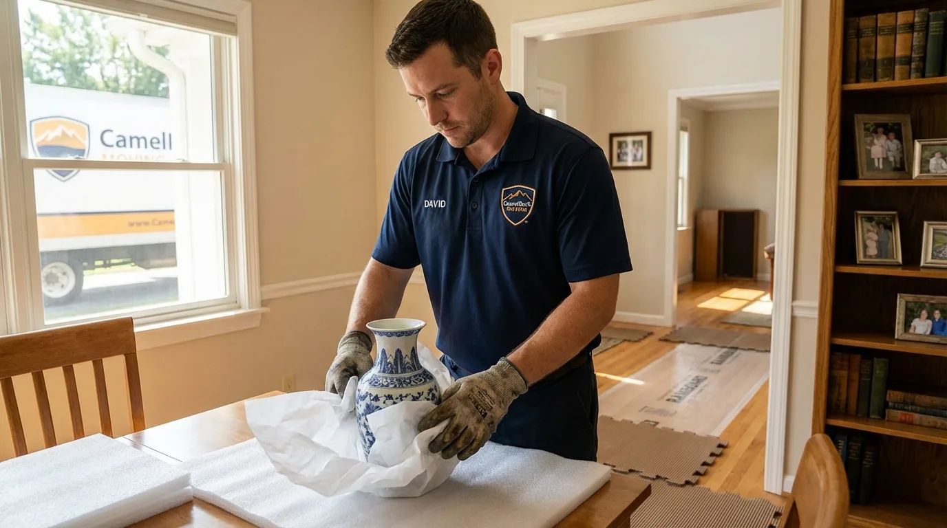 Professional crew carefully wrapping antique vase for senior downsizing move in New London, MO