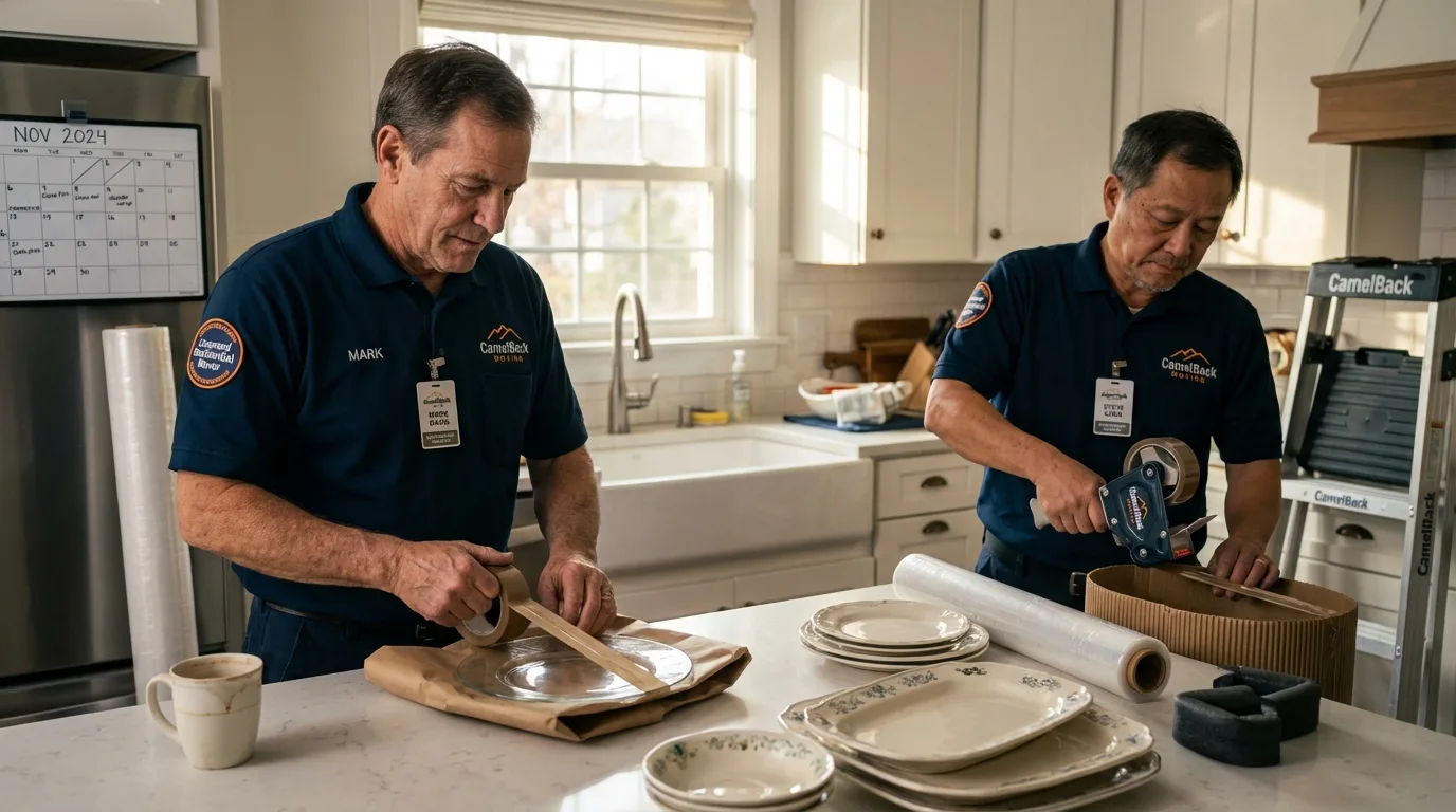 Professional crew packing kitchen dishware in New London, MO